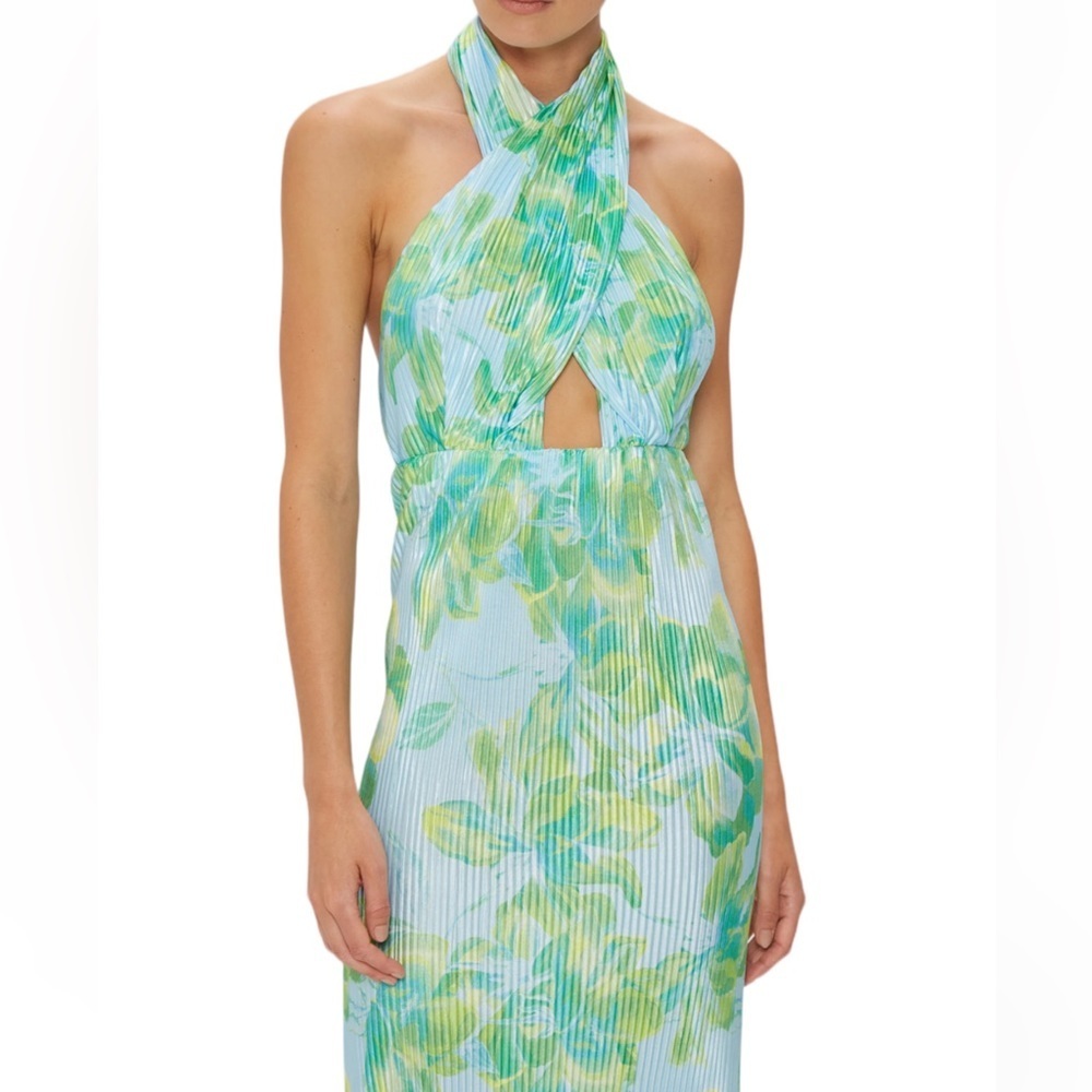Third Form Meet The Sky Pleat Midi Dress Floral/Satin Halter Elastic High Waist